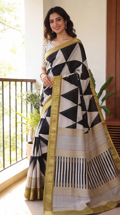 Maheshwari Silk Saree - Ivory with Black and Mustard Border