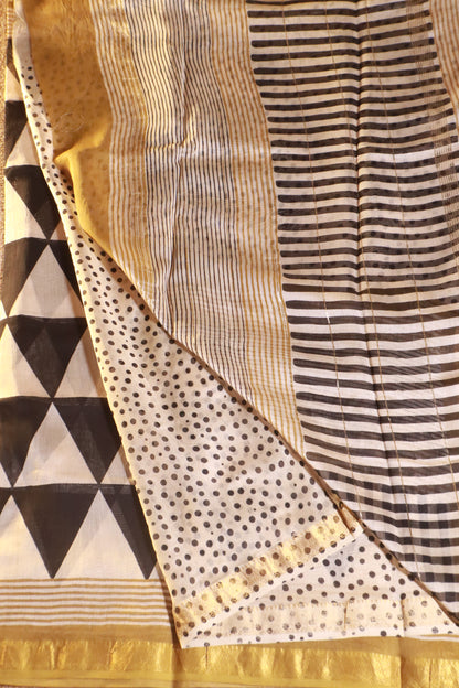 Maheshwari Silk Saree - Ivory with Black and Mustard Border