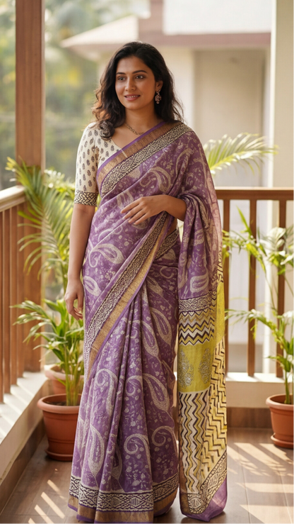 Maheshwari Silk Saree - Lavender Mango Motifs
