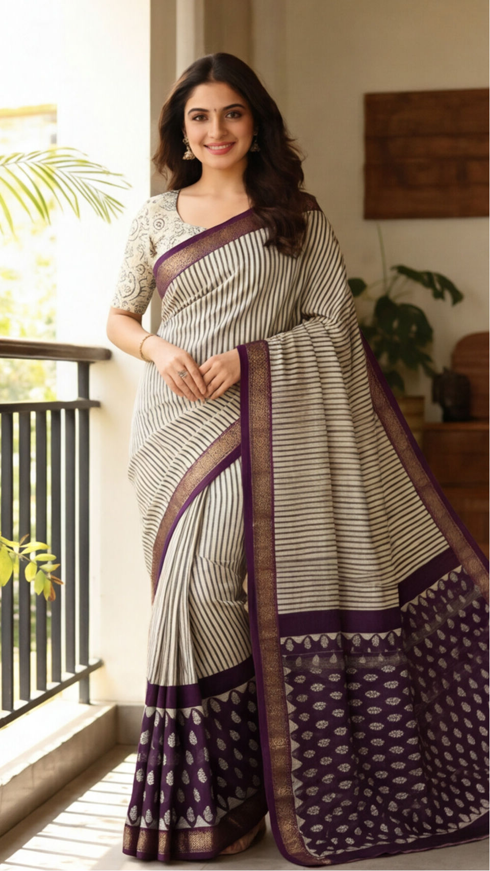 Maheshwari Silk Saree - Off-White Stripes with Lavender