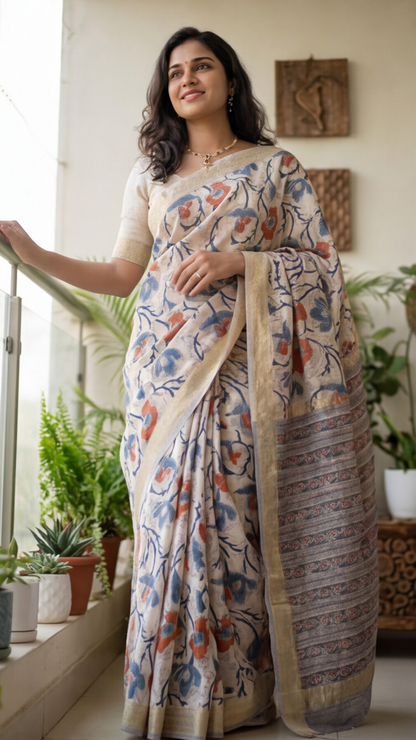 Maheshwari Silk Saree - White with Blue Floral