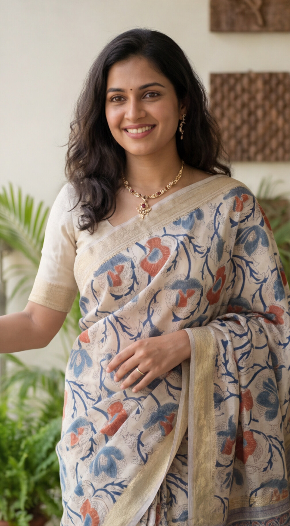 Maheshwari Silk Saree - White with Blue Floral