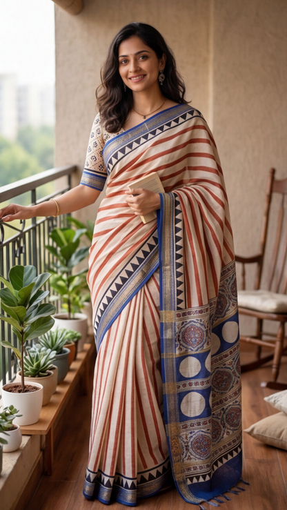 Maheshwari Silk Saree - White with Red and Blue Stripes