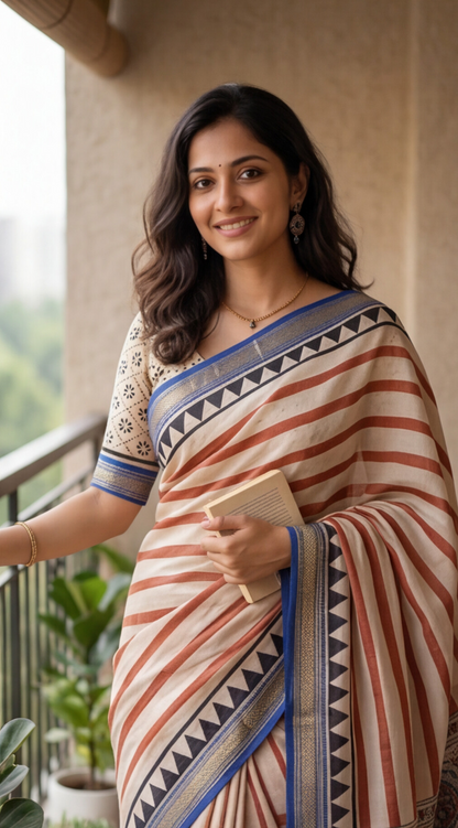 Maheshwari Silk Saree - White with Red and Blue Stripes