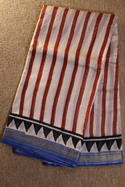 Maheshwari Silk Saree - White with Red and Blue Stripes