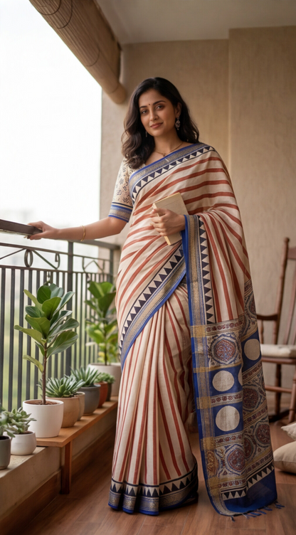 Maheshwari Silk Saree - White with Red and Blue Stripes