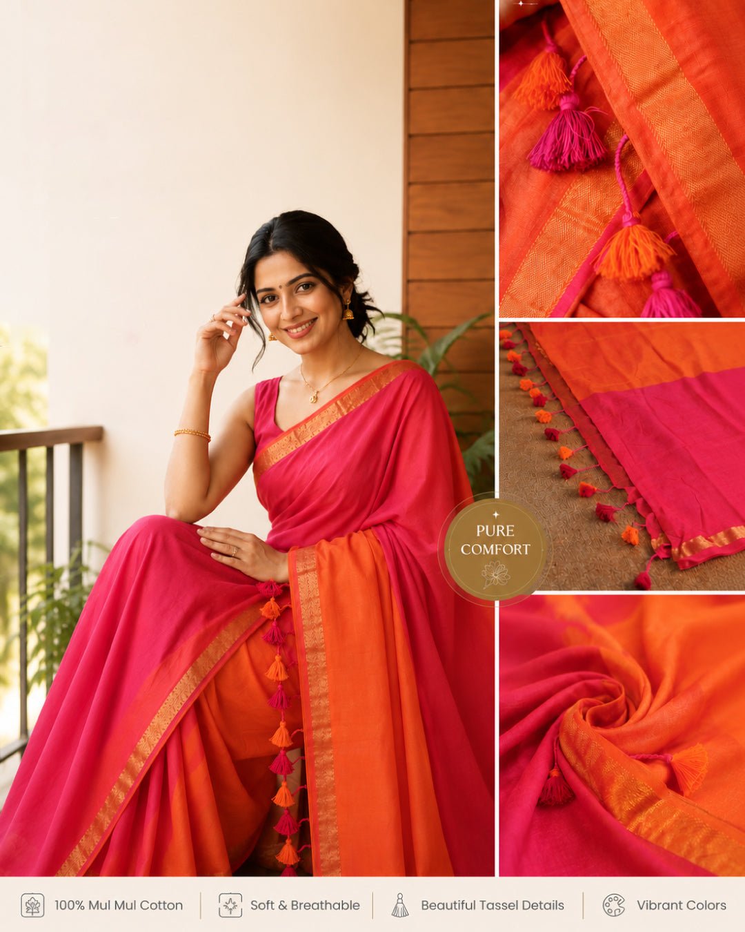 Mul Mul Cotton Saree - Pink and Orange