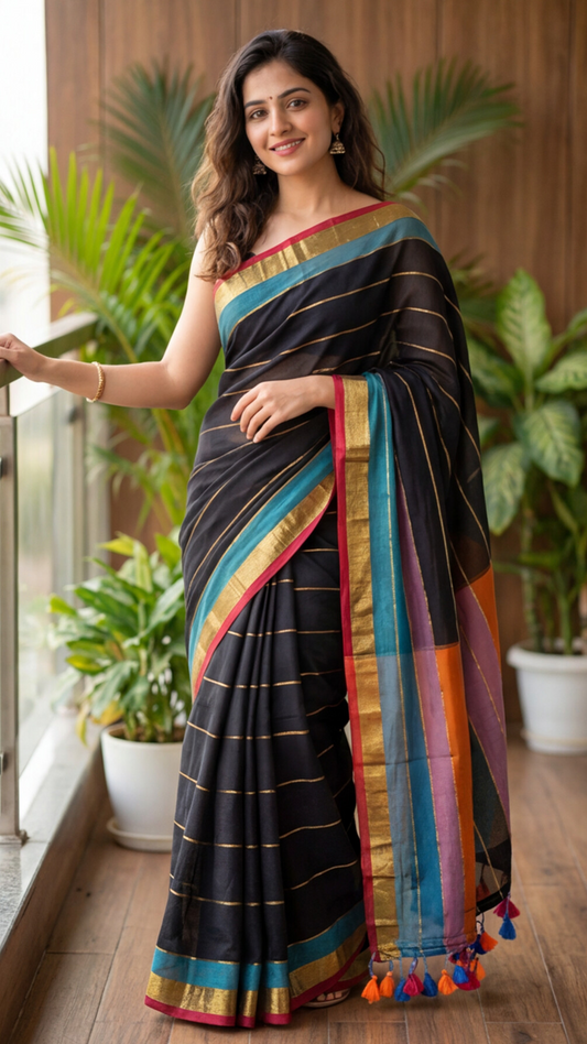 Mul Mul Cotton Saree - Black Rainbow