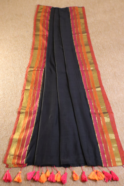 Mul Mul Cotton Saree - Black with Orange