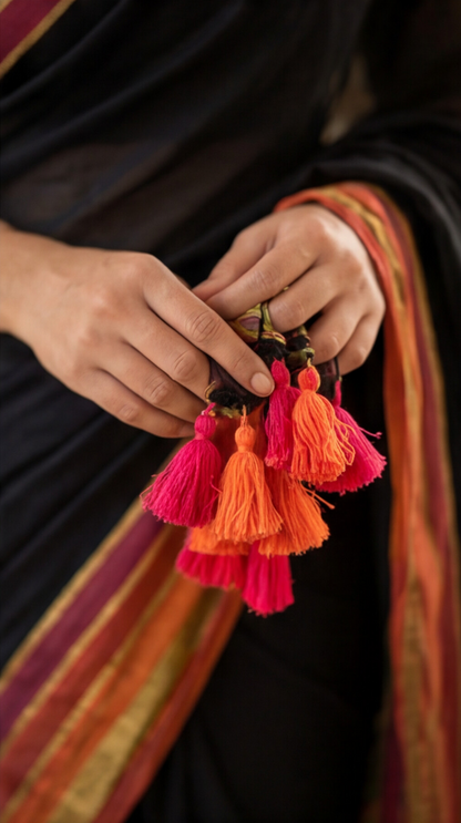 Mul Mul Cotton Saree - Black with Orange