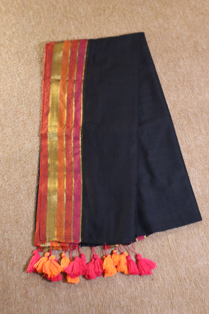 Mul Mul Cotton Saree - Black with Orange
