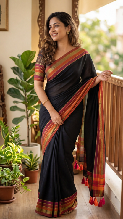 Mul Mul Cotton Saree - Black with Orange