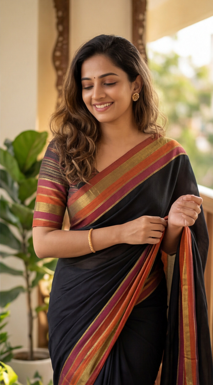 Mul Mul Cotton Saree - Black with Orange