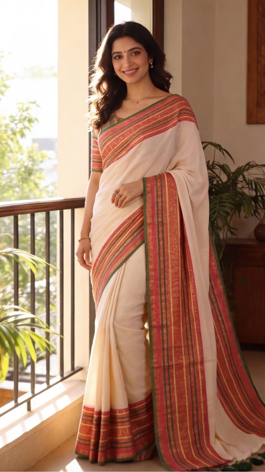 Mul Mul Cotton Saree - Off-White with Pink