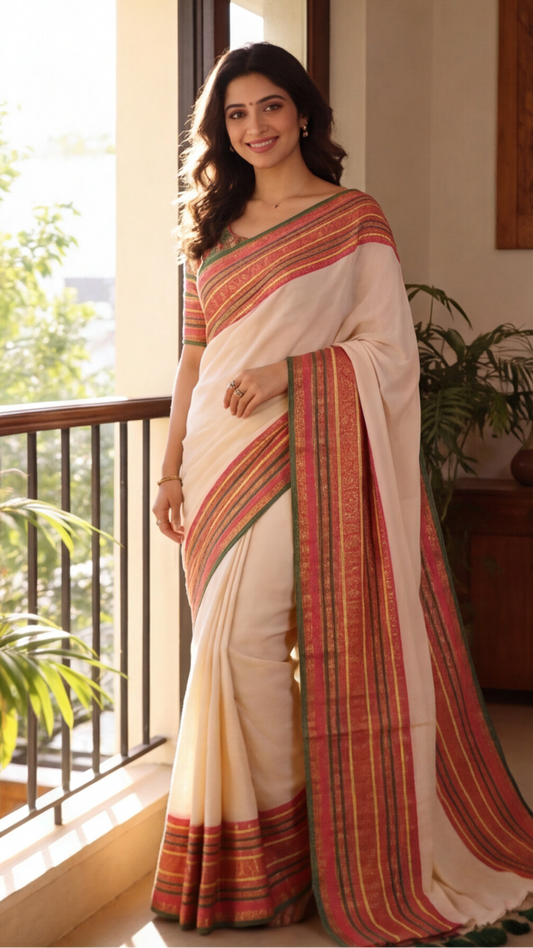 Mul Mul Cotton Saree - Off-White with Pink