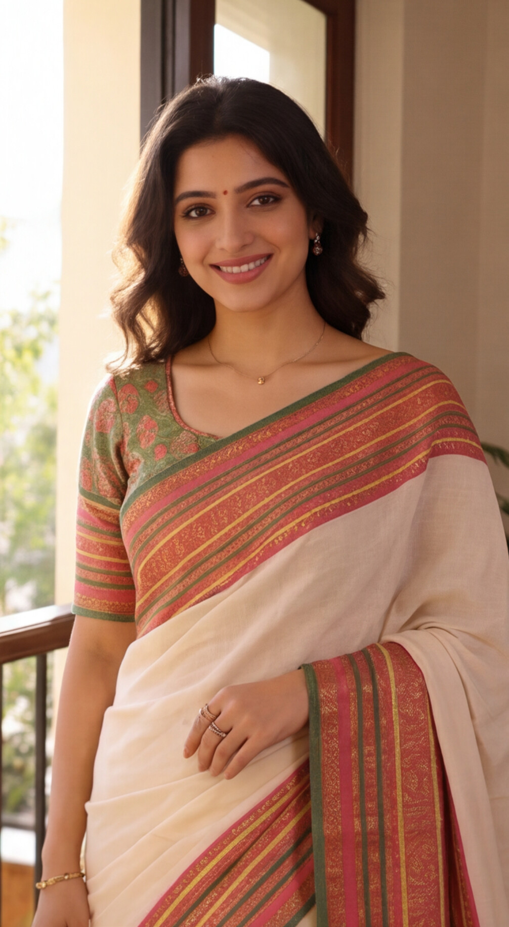 Mul Mul Cotton Saree - Off-White with Pink