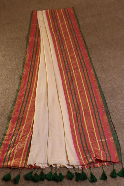 Mul Mul Cotton Saree - Off-White with Pink
