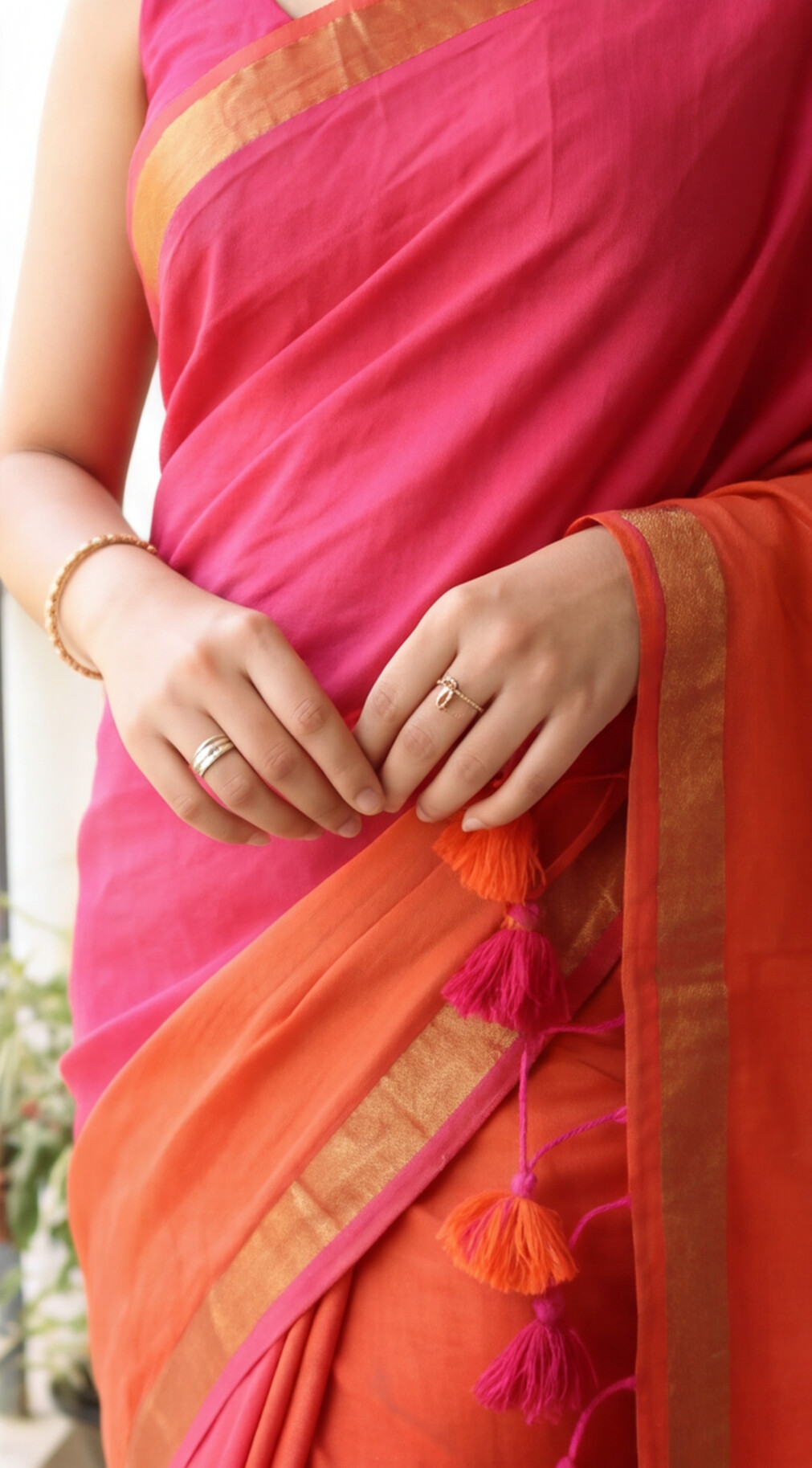 Mul Mul Cotton Saree - Pink and Orange
