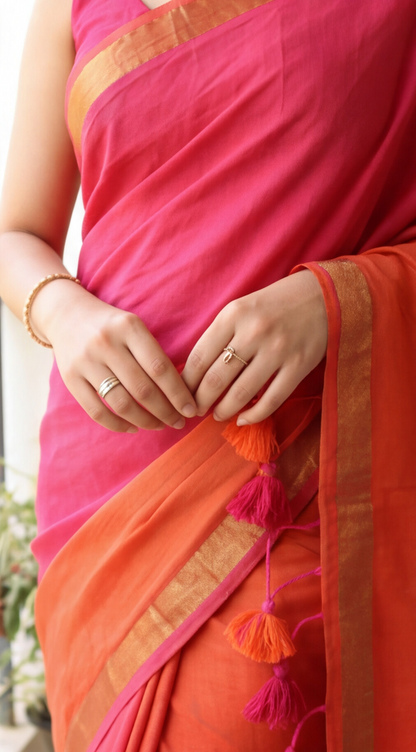 Mul Mul Cotton Saree - Pink and Orange