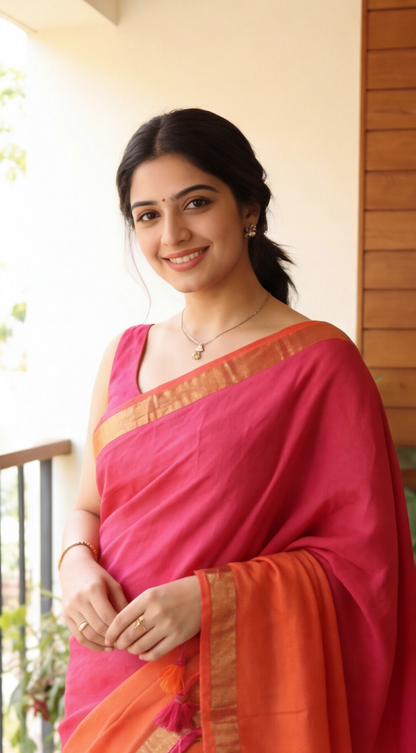 Mul Mul Cotton Saree - Pink and Orange