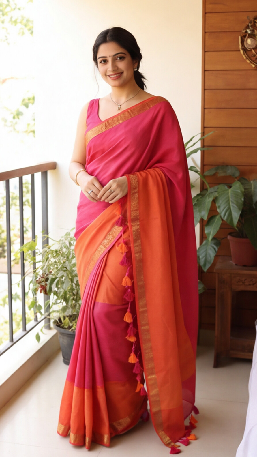 Mul Mul Cotton Saree - Pink and Orange