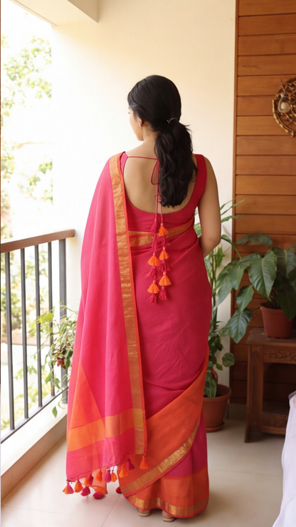 Mul Mul Cotton Saree - Pink and Orange
