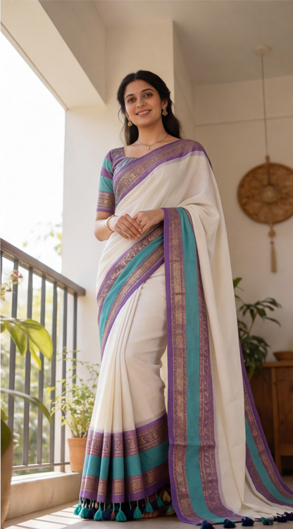 Mul Mul Cotton Saree - White with Lavendar