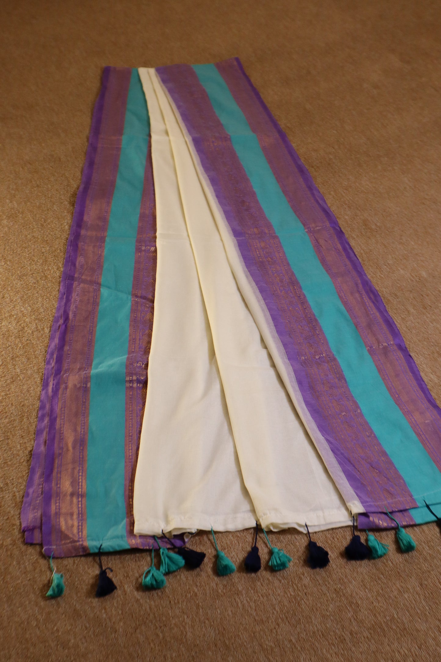 Mul Mul Cotton Saree - White with Lavendar