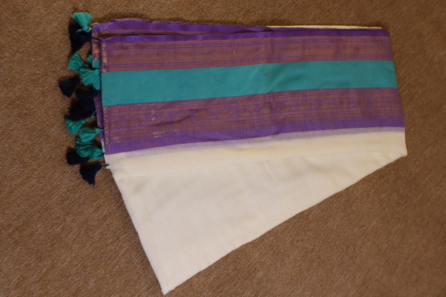 Mul Mul Cotton Saree - White with Lavendar
