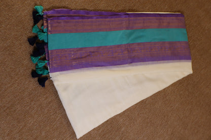 Mul Mul Cotton Saree - White with Lavendar
