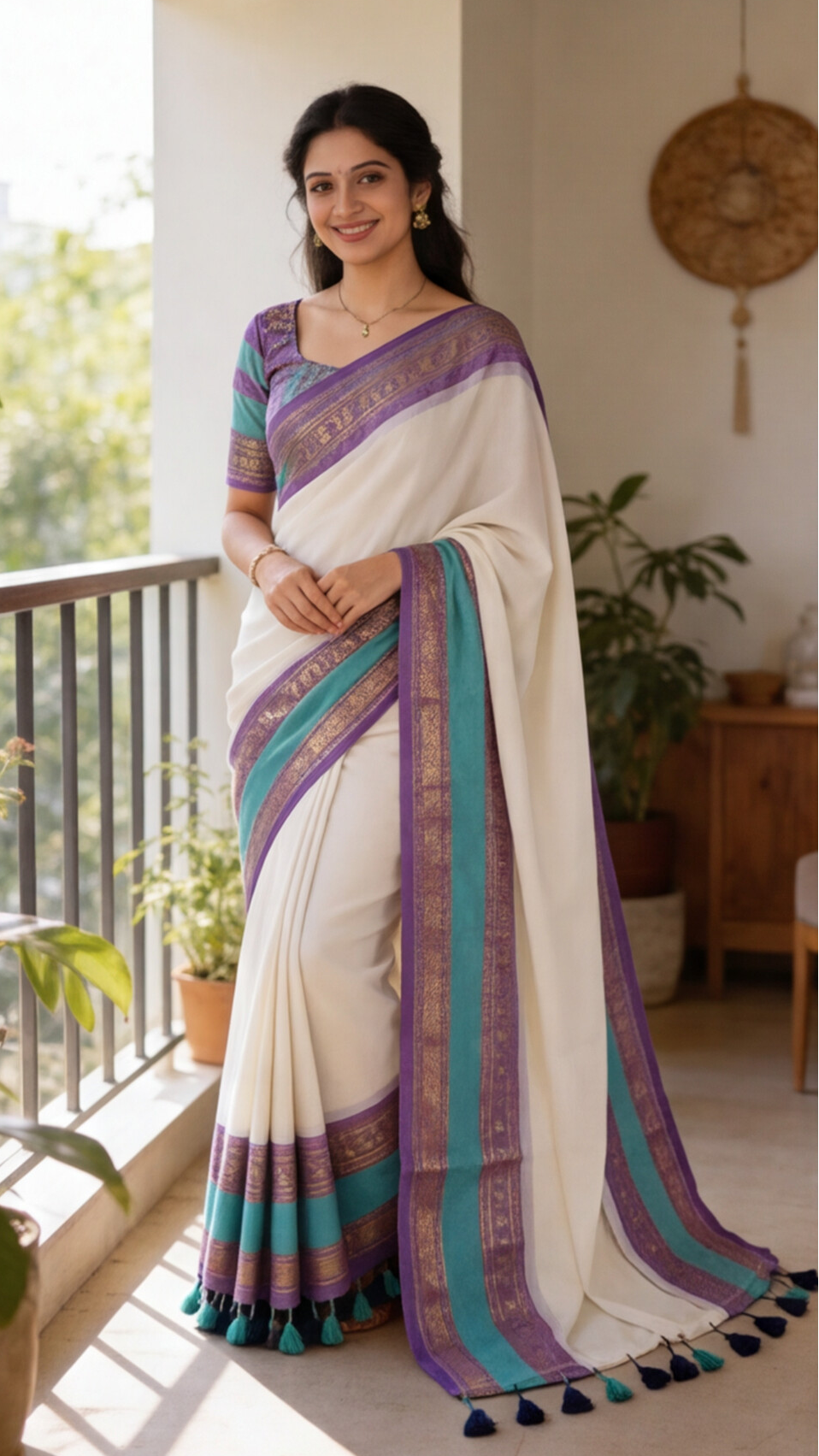 Mul Mul Cotton Saree - White with Lavendar