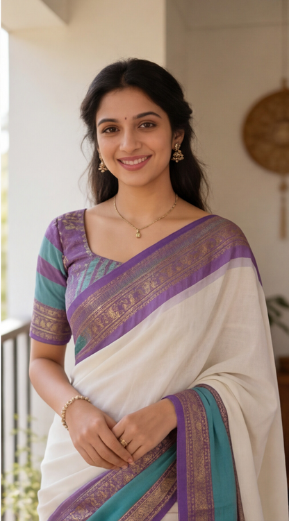 Mul Mul Cotton Saree - White with Lavendar