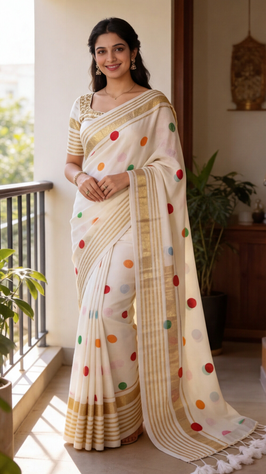 Mul Mul Cotton Saree - White with Multicolor Dots