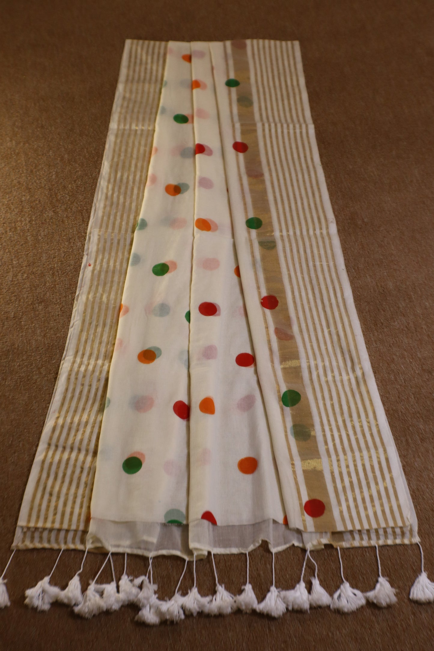Mul Mul Cotton Saree - White with Multicolor Dots