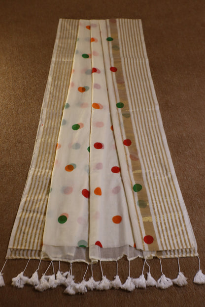 Mul Mul Cotton Saree - White with Multicolor Dots