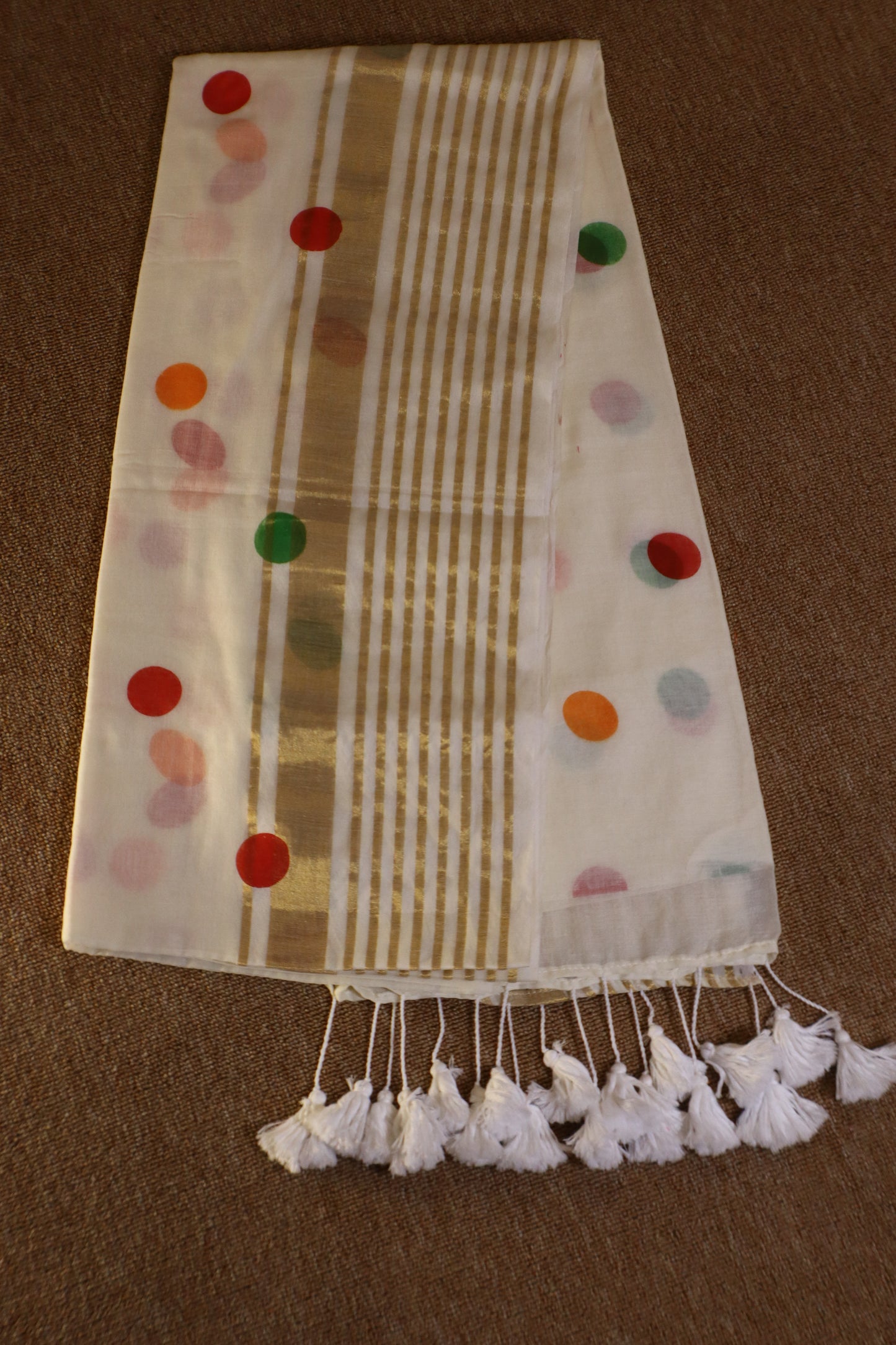Mul Mul Cotton Saree - White with Multicolor Dots