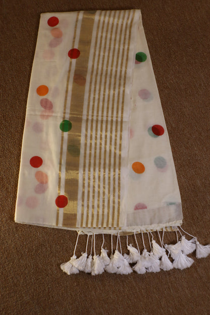 Mul Mul Cotton Saree - White with Multicolor Dots