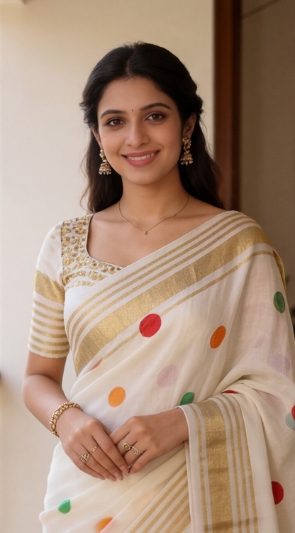 Mul Mul Cotton Saree - White with Multicolor Dots