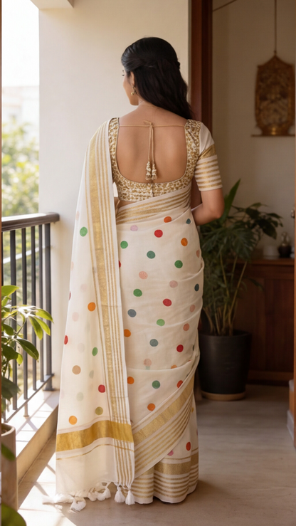 Mul Mul Cotton Saree - White with Multicolor Dots