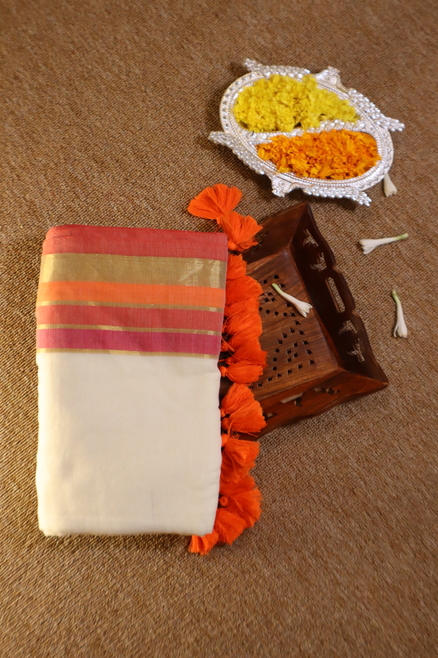 Mul Mul Cotton Saree - White with Orange