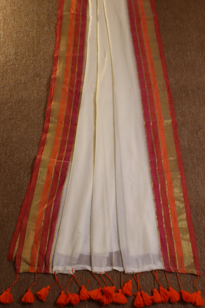 Mul Mul Cotton Saree - White with Orange