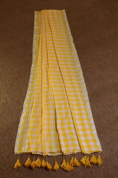 Mul Mul Cotton Saree - White with Yellow Checks