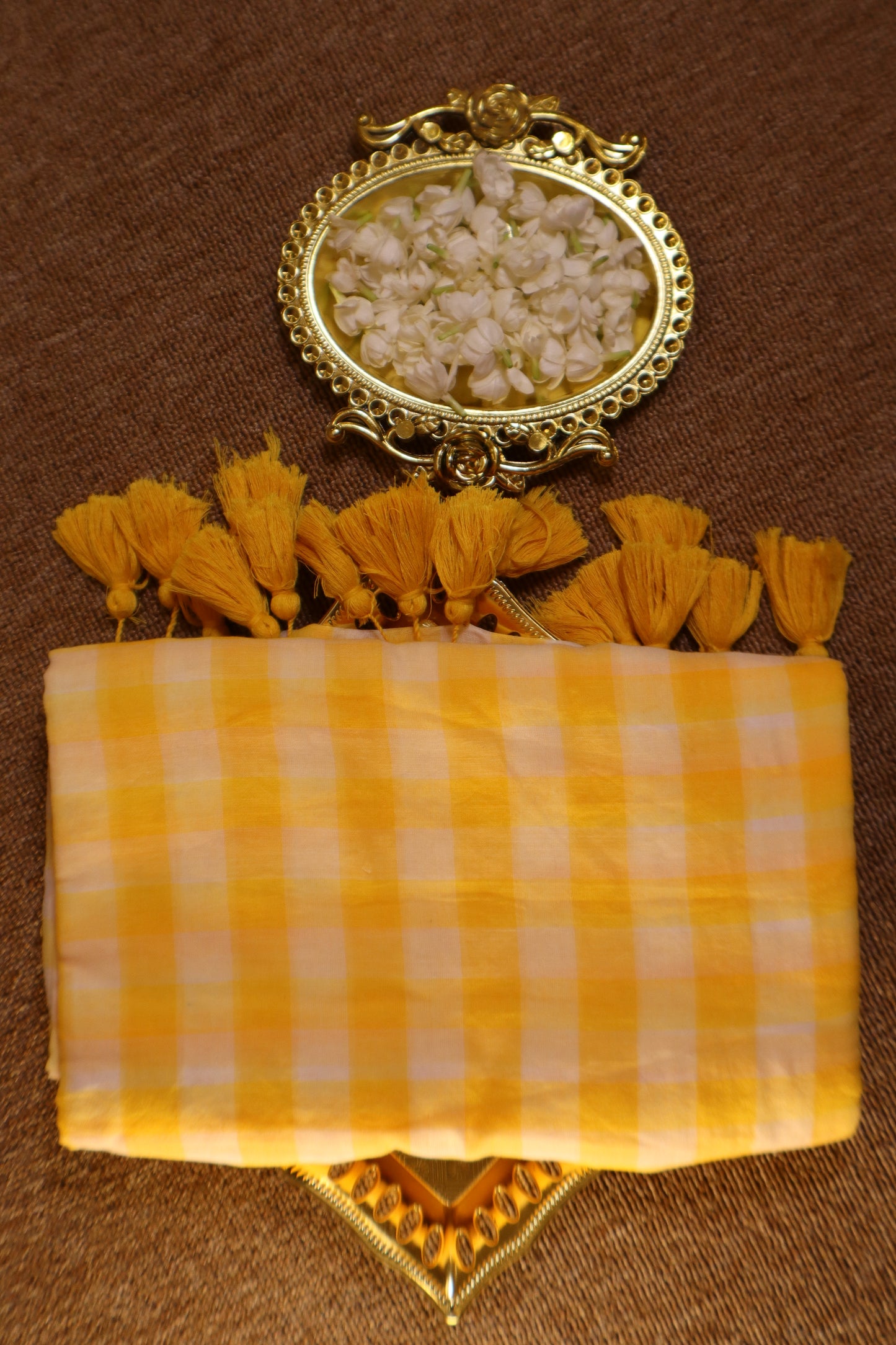 Mul Mul Cotton Saree - White with Yellow Checks