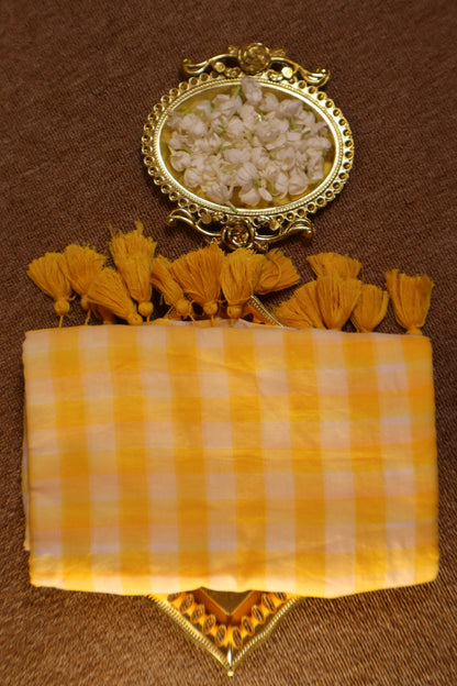 Mul Mul Cotton Saree - White with Yellow Checks