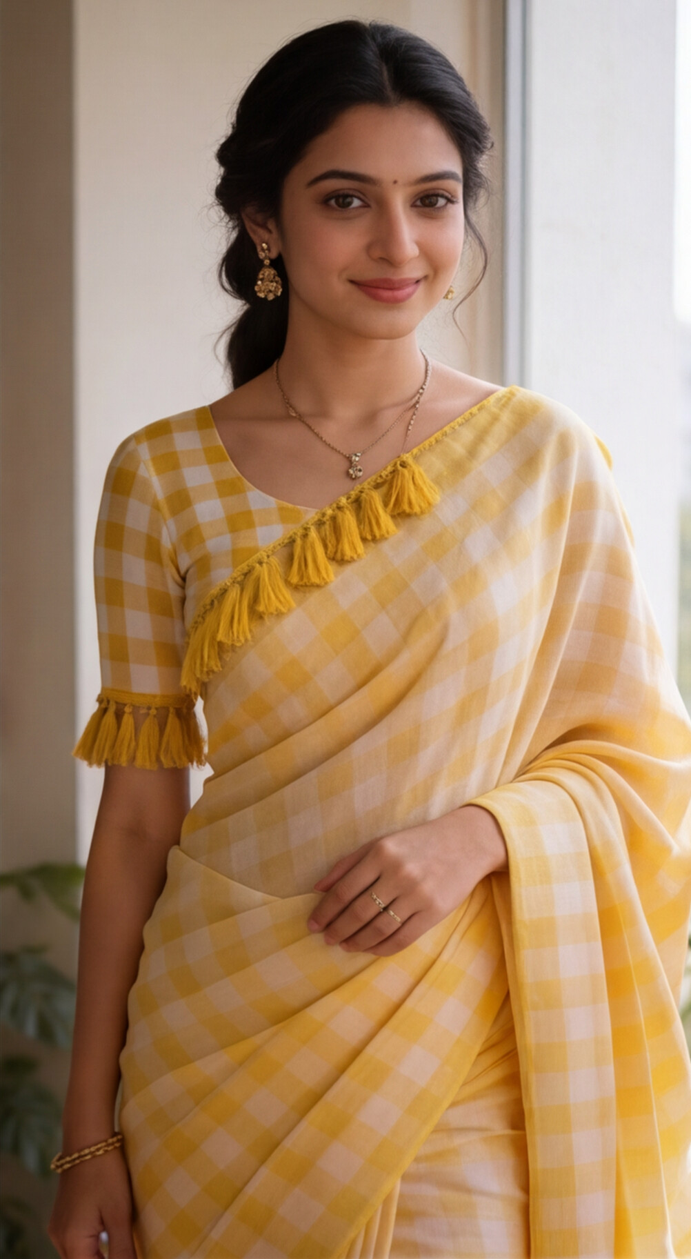 Mul Mul Cotton Saree - White with Yellow Checks