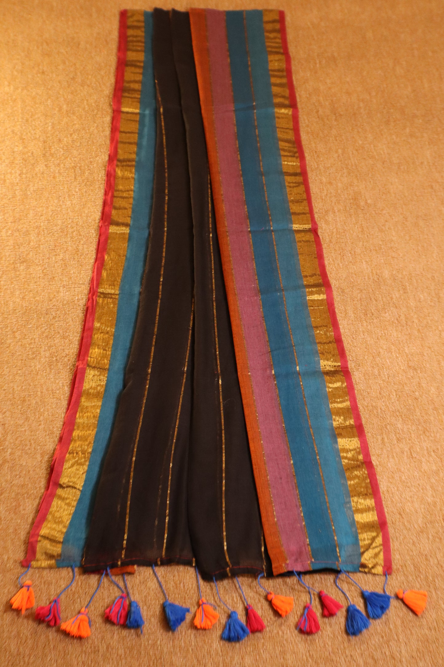 Mul Mul Cotton Saree - Black Rainbow