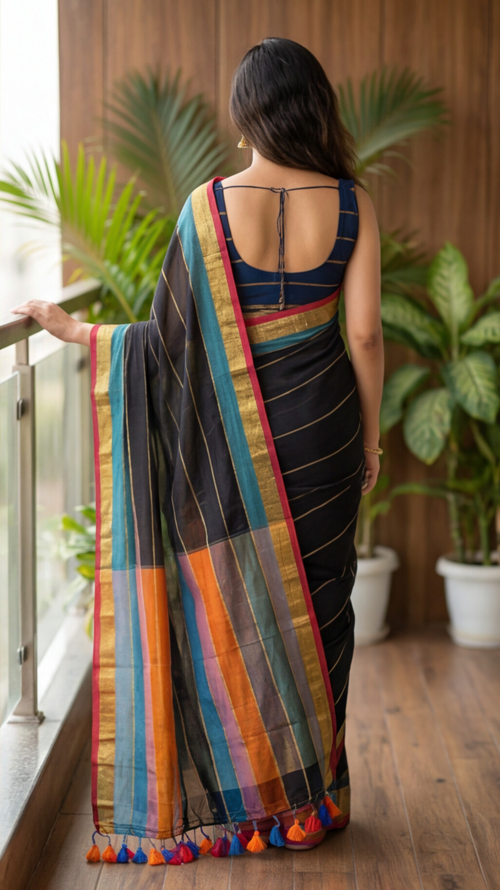 Mul Mul Cotton Saree - Black Rainbow