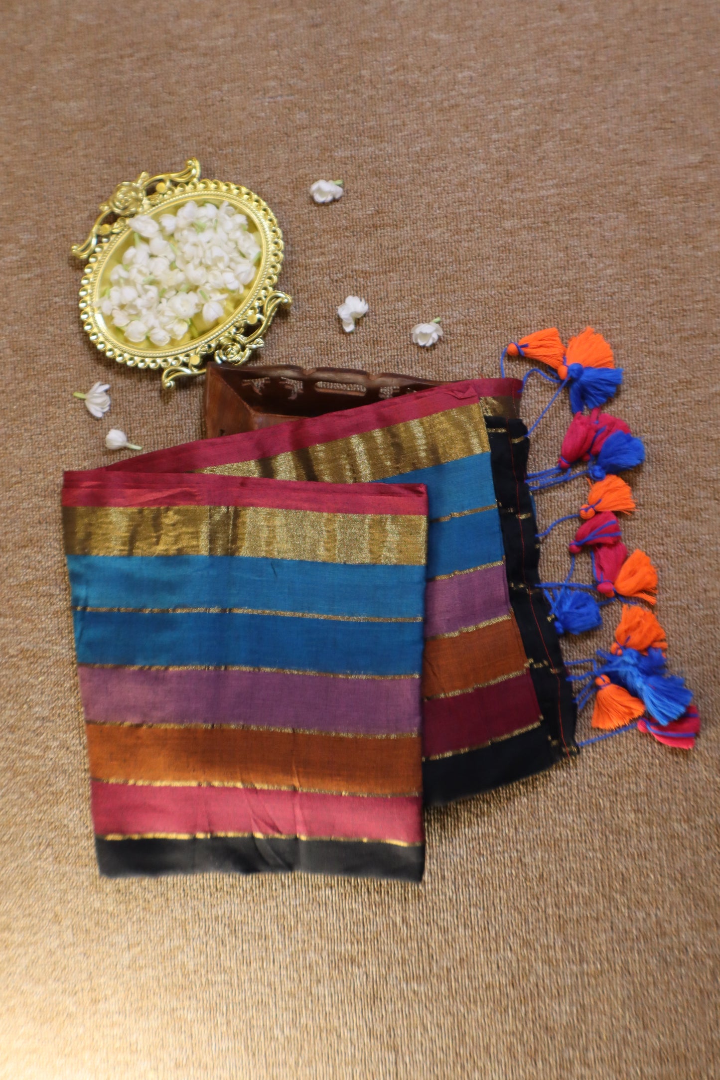 Mul Mul Cotton Saree - Black Rainbow