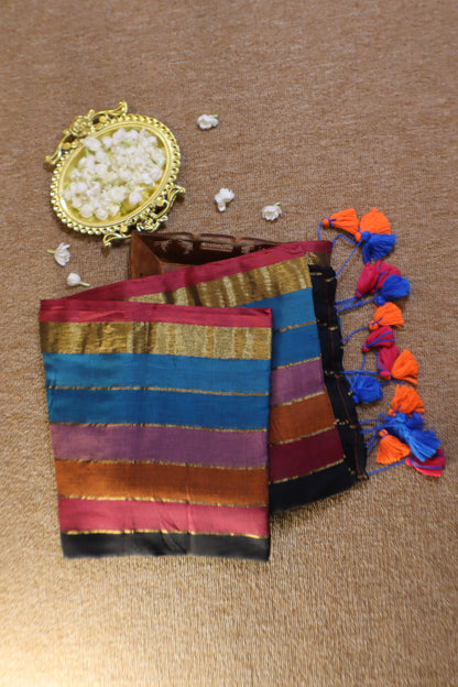 Mul Mul Cotton Saree - Black Rainbow