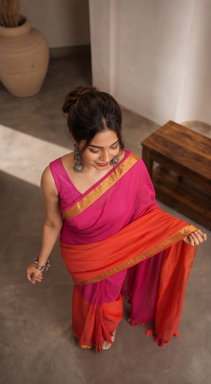 Mul Mul Cotton Saree - Pink and Orange